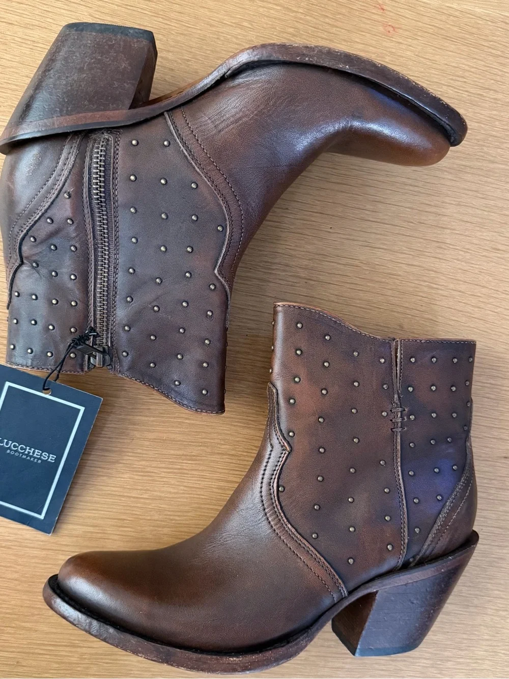 Lucchese Harley Cowhide Zippered Studded Round Toe Cowboy Booties - Picture 6 of 12